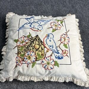 Vintage Hand Embroidered birds Lace Throw Pillow Shabby Chic Cottagecore 15x14
